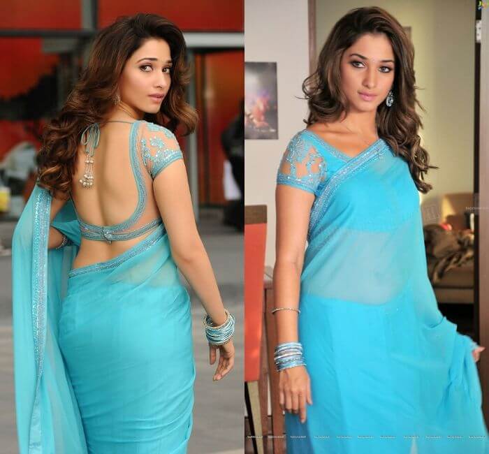 Tamman in Backless blouse in blue Saree