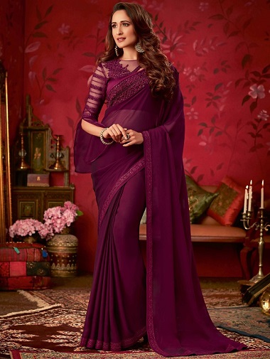 Wine Purple Georgette Plain Saree